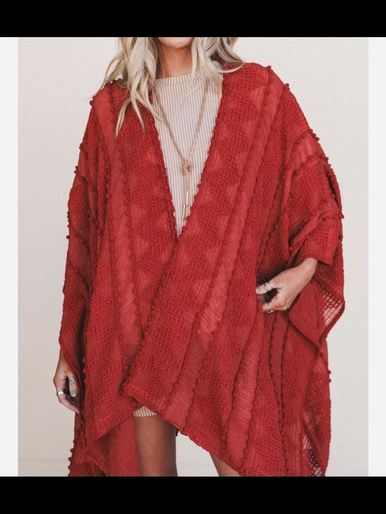 Three Bird Nest Sweaters - Bali From 3 Bird Nest Embroided Rust Open-Knit Women’s Kimono Poncho Top OSFM